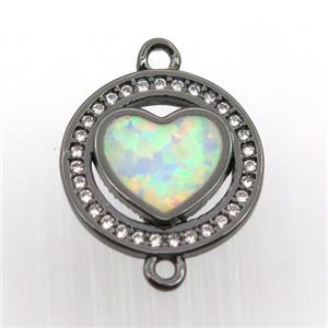 copper circle connector pave zircon with fire opal heart, black plated, approx 14mm dia