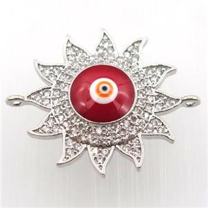 copper sun connector pave zircon with evil eye, platinum plated, approx 22mm dia