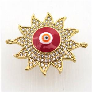 copper sun connector pave zircon with evil eye, gold plated, approx 22mm dia