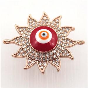 copper sun connector pave zircon with evil eye, rose gold, approx 22mm dia
