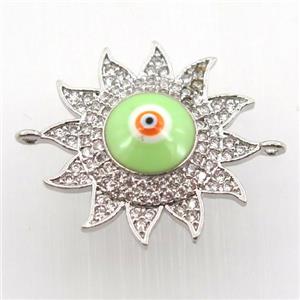 copper sun connector pave zircon with evil eye, platinum plated, approx 22mm dia