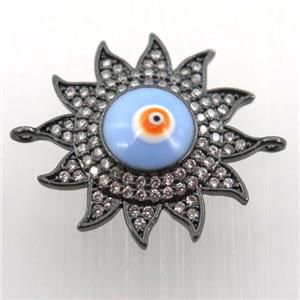 copper sun connector pave zircon with evil eye, black plated, approx 22mm dia
