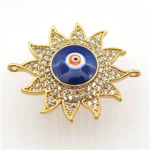 copper sun connector pave zircon with evil eye, gold plated, approx 22mm dia