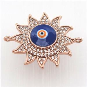 copper sun connector pave zircon with evil eye, rose gold, approx 22mm dia
