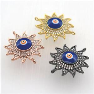 copper sun connector pave zircon with evil eye, mix color, approx 22mm dia