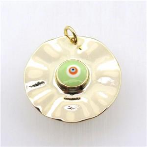copper circle pendant with green evil eye, gold plated, approx 30mm dia