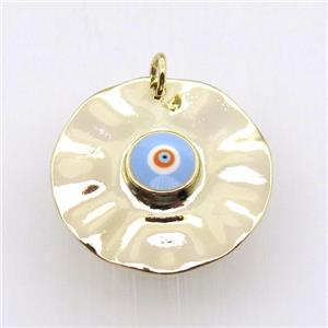 copper circle pendant with blue evil eye, gold plated, approx 30mm dia