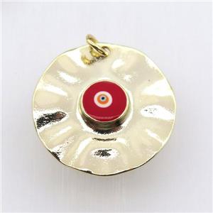 copper circle pendant with red evil eye, gold plated, approx 30mm dia
