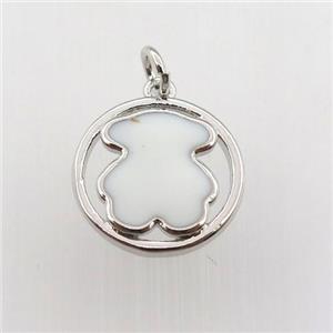 copper circle pendant with white enameling bear, platinum plated, approx 15mm dia