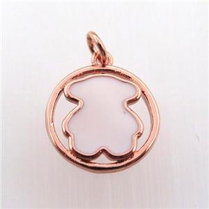 copper circle pendant with white enameling bear, rose gold, approx 15mm dia