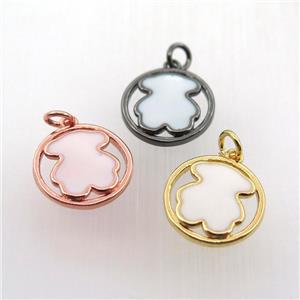 copper circle pendant with white enameling bear, mix color, approx 15mm dia