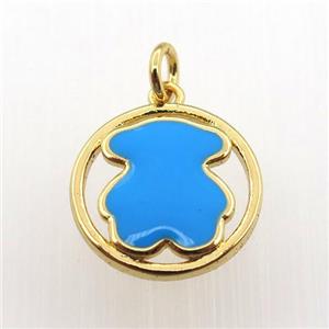 copper circle pendant with blue enameling bear, gold plated, approx 15mm dia