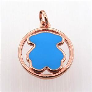 copper circle pendant with blue enameling bear, rose gold, approx 15mm dia