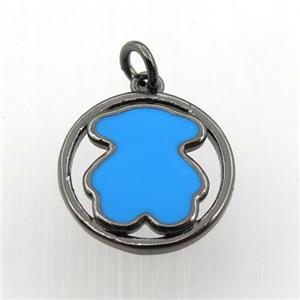 copper circle pendant with blue enameling bear, black plated, approx 15mm dia