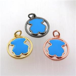 copper circle pendant with blue enameling bear, mix color, approx 15mm dia