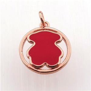 copper circle pendant red blue enameling bear, rose gold, approx 15mm dia