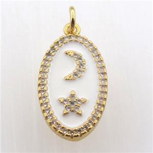 copper oval pendant pave zircon with moon star, gold plated, approx 12-20mm