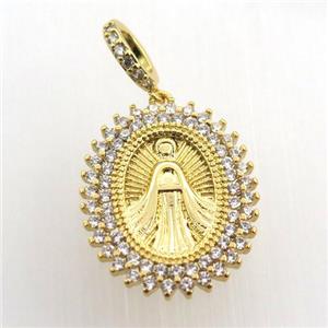 copper oval pendant paved zircon, jesu, gold plated, approx 16-20mm