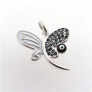 copper dragonfly pendant paved zircon, platinum plated, approx 15-18mm