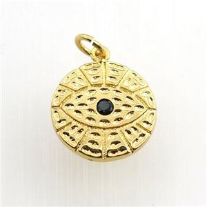 copper circle pendant paved zircon, eye, gold plated, approx 15mm dia