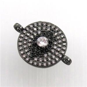 copper circle eye connector paved zircon, black plated, approx 15mm dia
