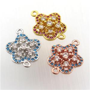 copper flower connector paved zircon, mix color, approx 14mm dia