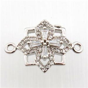 copper cross connector paved zircon, platinum plated, approx 14mm dia