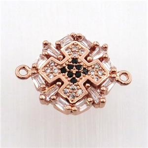 copper cross connector paved zircon, rose gold, approx 14mm dia