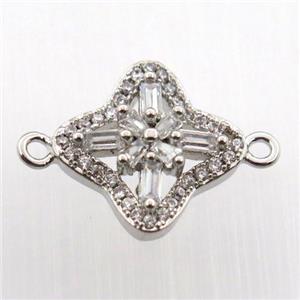 copper cross connector paved zircon, platinum plated, approx 14-14mm