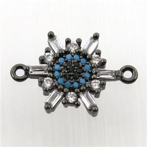 copper flower connector paved zircon, black plated, approx 14mm