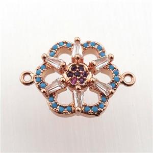 copper connector paved zircon, flower, rose gold, approx 14mm dia