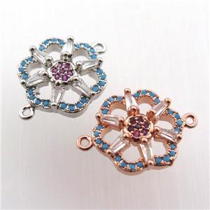 copper connector paved zircon, flower, mix color, approx 14mm dia