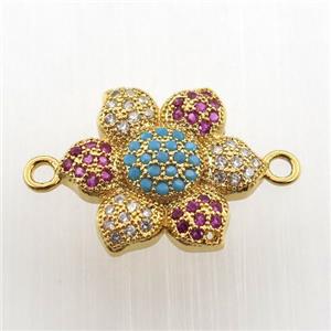 copper flower connector paved zircon, gold plated, approx 16mm dia