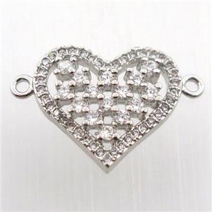 copper heart connector paved zircon, platinum plated, approx 15-18mm