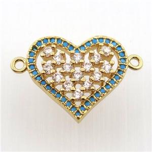 copper heart connector paved zircon, gold plated, approx 15-18mm
