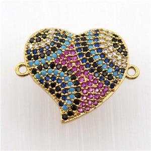 copper heart connector paved zircon, gold plated, approx 18-20mm