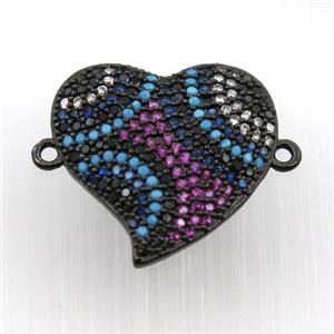 copper heart connector paved zircon, black plated, approx 18-20mm