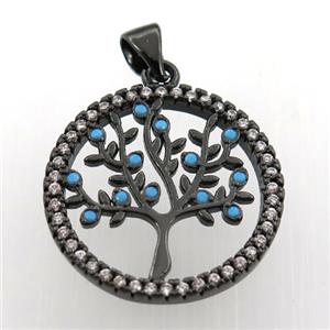 copper pendant paved zircon, tree of life, black plated, approx 20mm dia