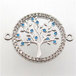 copper connector paved zircon, tree of life, platinum plated, approx 20mm dia