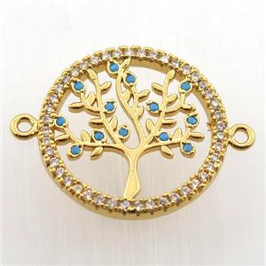 copper connector paved zircon, tree of life, gold plated, approx 20mm dia