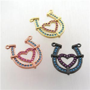 copper pendant paved zircon with 2loops, heart-U, mix color, approx 15-16mm