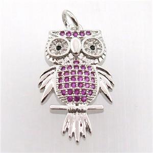 copper owl pendant paved zircon, platinum plated, approx 14-23mm