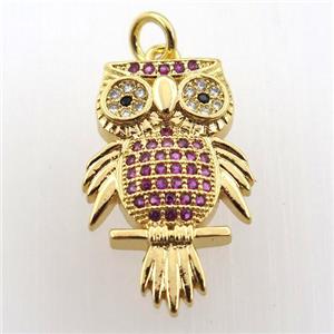 copper owl pendant paved zircon, gold plated, approx 14-23mm