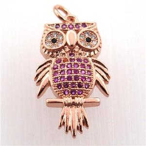 copper owl pendant paved zircon, rose gold, approx 14-23mm