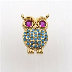 copper owl pendant paved zircon, gold plated, approx 9-14mm