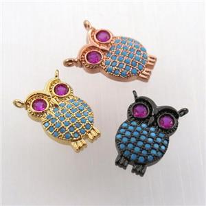 copper owl pendant paved zircon, mix color, approx 9-14mm