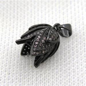 copper Lotus pendant paved zircon, black plated, approx 10-14mm
