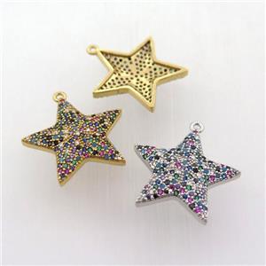 copper star pendant pave zircon, mixed color, approx 22mm dia