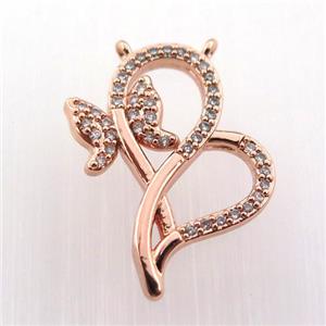 copper butterfly pendant pave zircon with 2loops, rose gold, approx 20-25mm