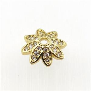 copper beadcaps pave zircon, gold plated, approx 12mm dia
